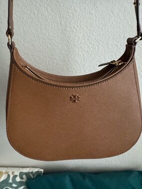 Tory Burch Brown Crescent Shoulder Bag with Gold Logo